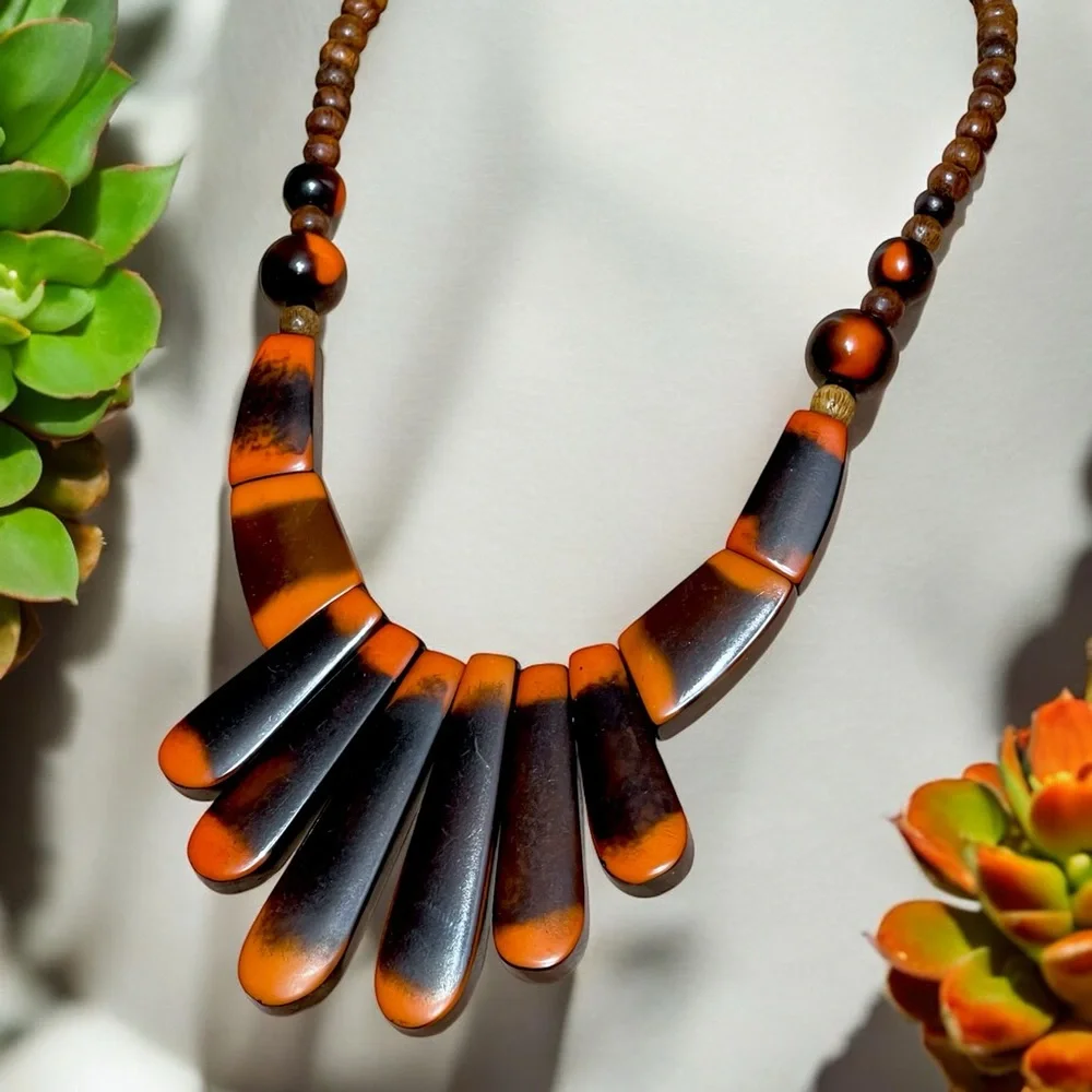 🧡 NEW ZAD Boho Orange & Brown Bib Necklace 🧡 - Picture 8 of 16